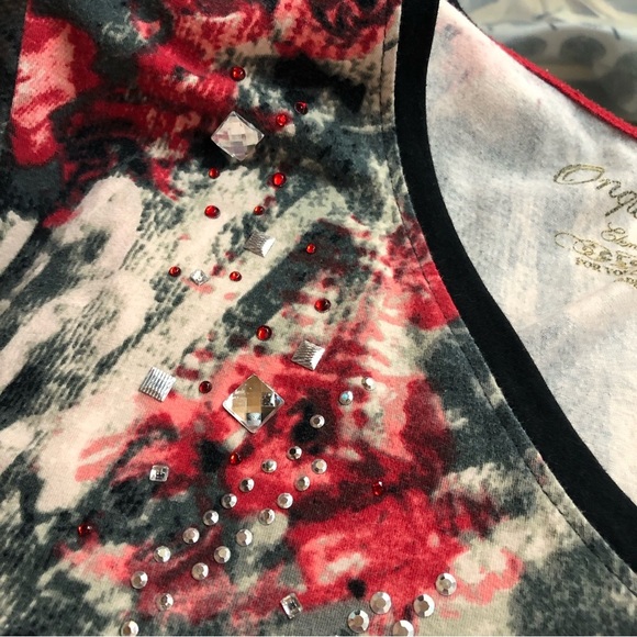 Onque Woman Tee Shirt 3/4 Sleeve Floral Bling Studded Fun Rhinestones - Picture 5 of 8